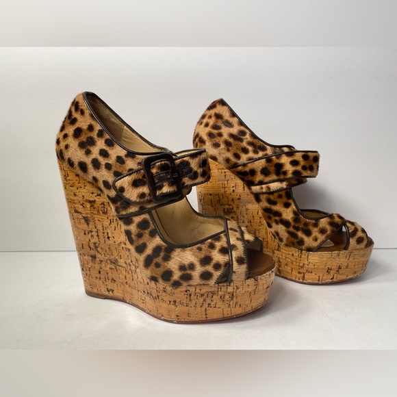 Christian Louboutin Melides ponyhair wedge pumps open toe leopard 35.5